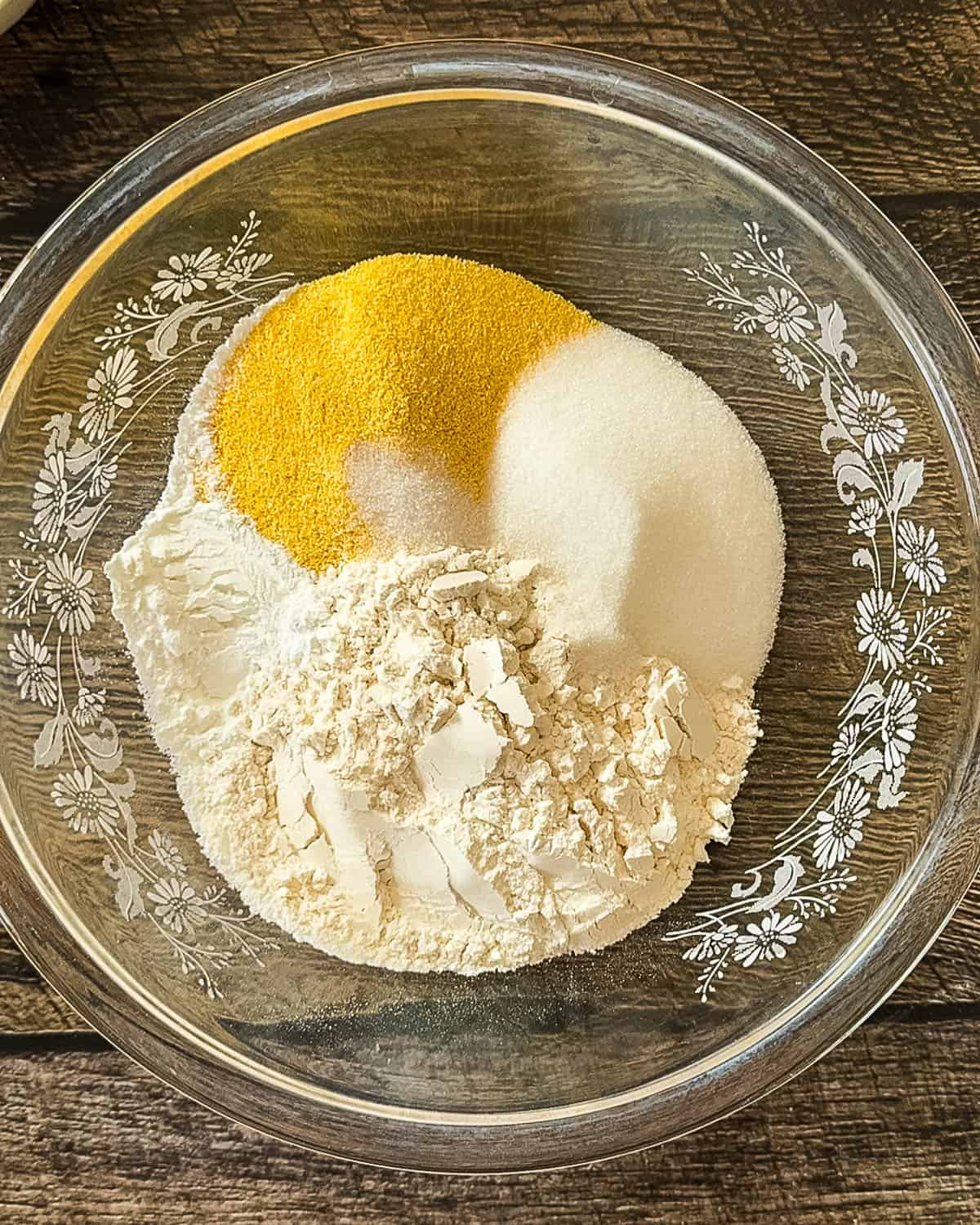 Dry ingredients for smoked cornbread in large bowl.