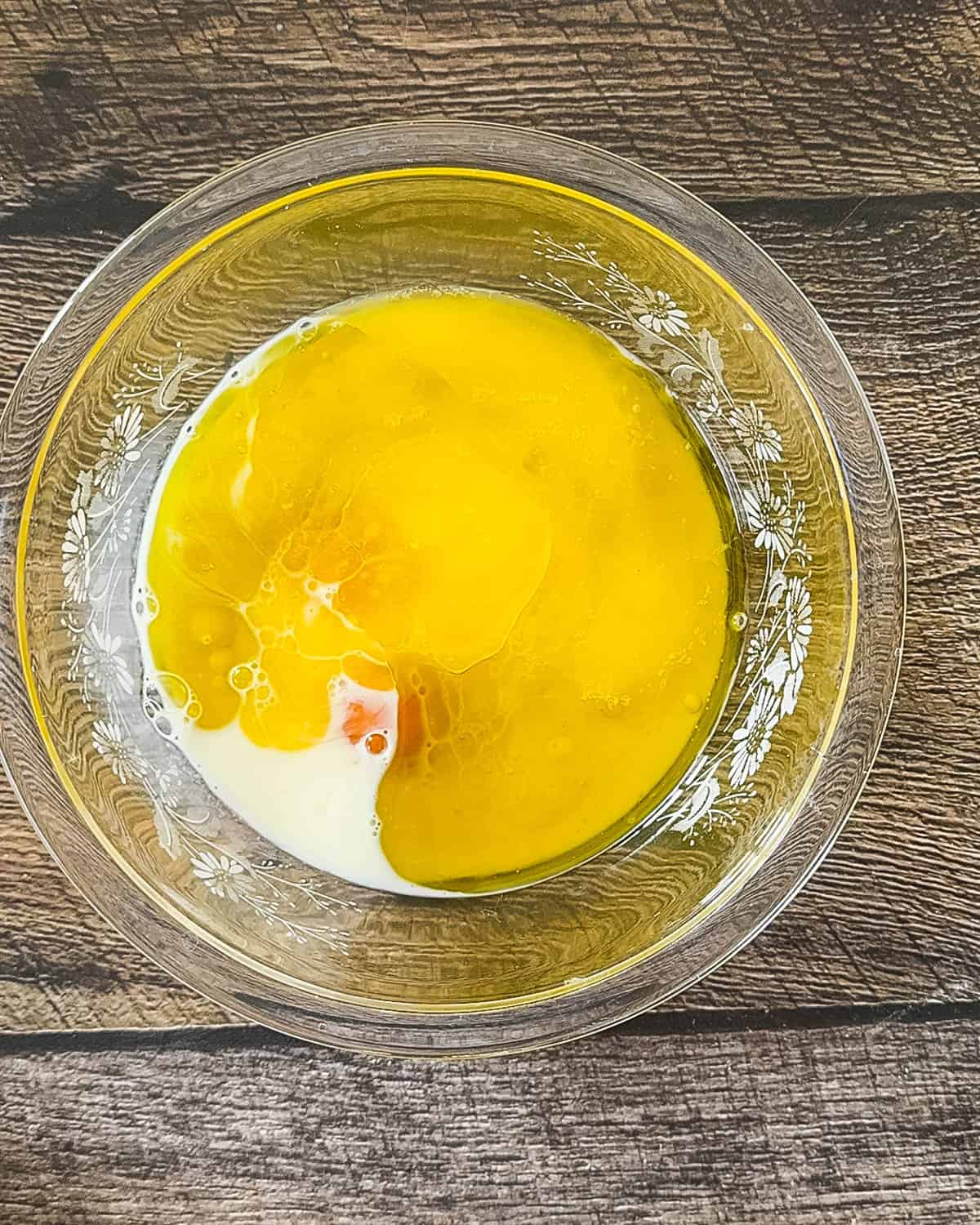 Wet ingredients in separate glass bowl.