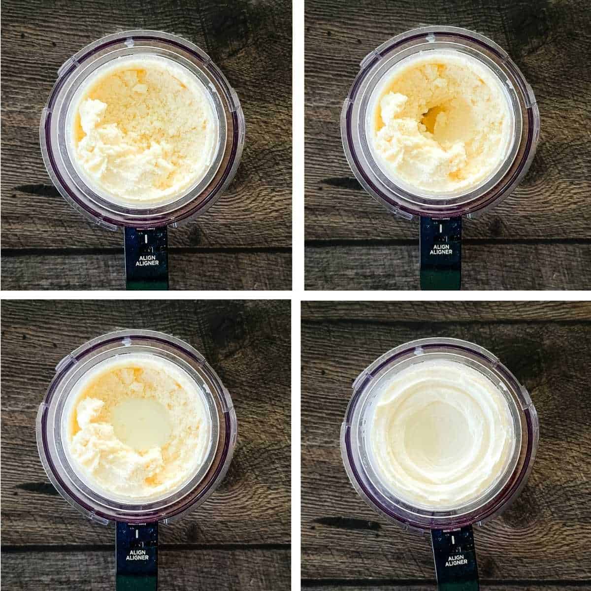 A collage showing the crumbly texture, making a well, adding milk, and the smooth texture after re-spin.