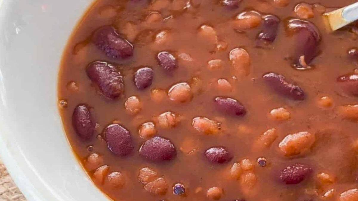 A bowl of baked beans fresh from the oven.