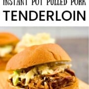 Instant Pot BBQ pulled pork tenderloin shredded in sauce, and served on a bun with creamy coleslaw. Easy recipe for tender, saucy pulled pork sandwiches made in just over an hour using the Instant Pot.