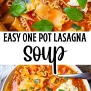 Cozy lasagna soup topped with melty cheese and herbs.