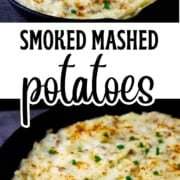Creamy smoked mashed potatoes in a cast iron skillet, topped with smoked paprika and fresh herbs, sitting on a wooden board ready to serve.