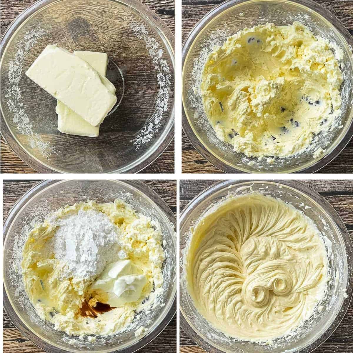 Step-by-step collage showing how to make the cheesecake filling: softened cream cheese in a mixing bowl, beaten until smooth, then combined with powdered sugar, sour cream, vanilla, lemon juice, and eggs to create a creamy, silky batter.