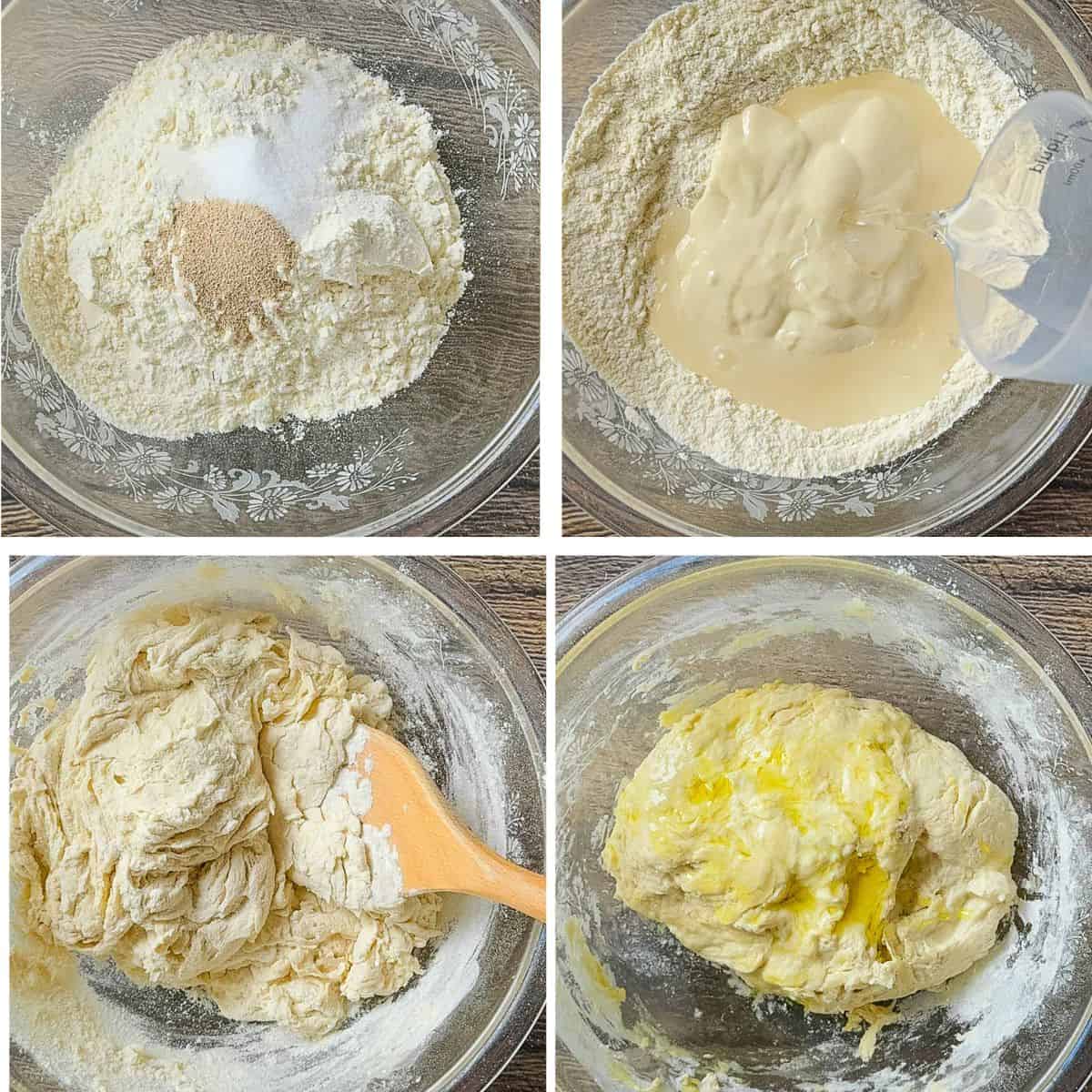 Step-by-step collage showing how to make sourdough discard bread dough: mixing dry ingredients, adding sourdough discard and warm water, stirring to form a shaggy dough, and coating the dough with olive oil before rising.