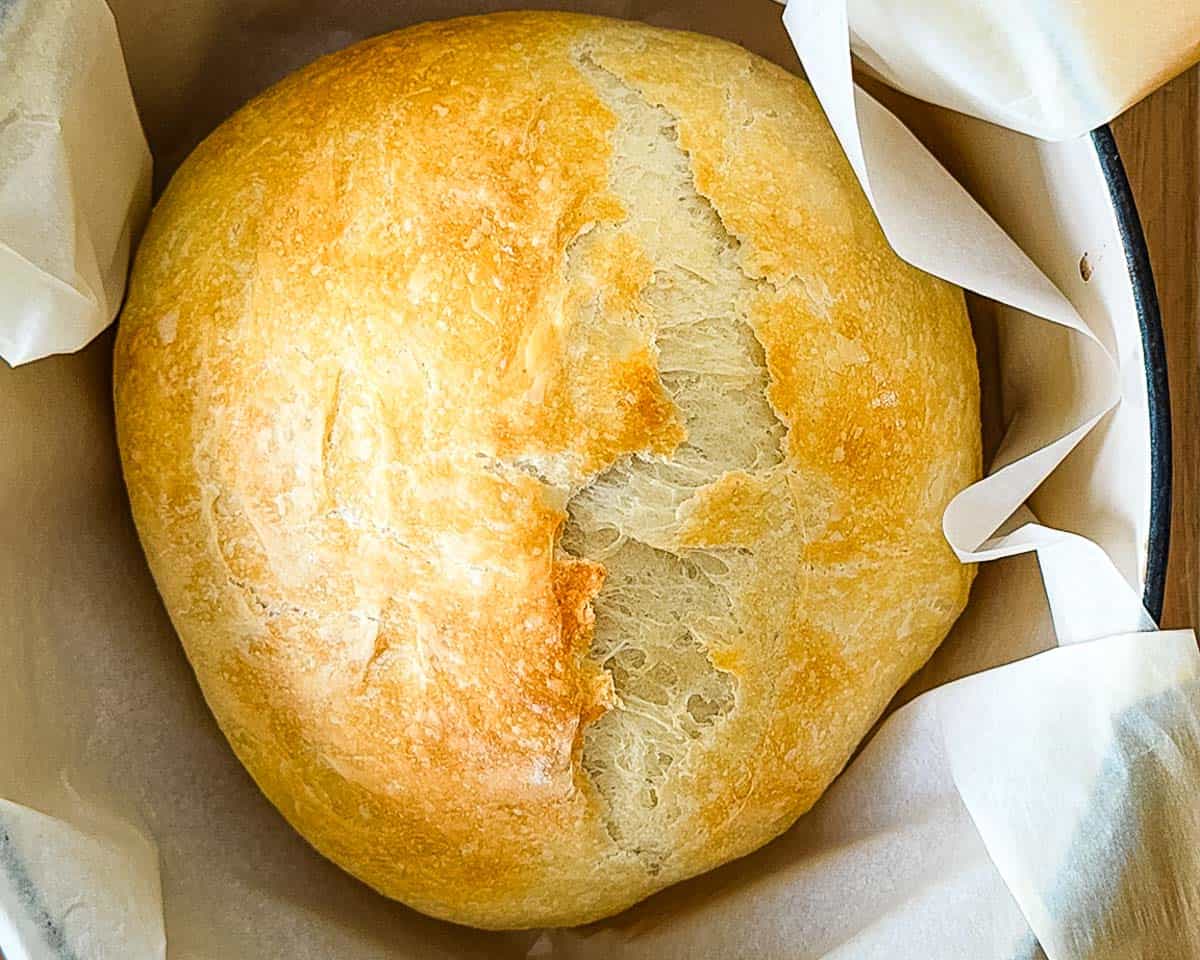 The sourdough discard bread in the Dutch oven after the first forty minutes of baking.