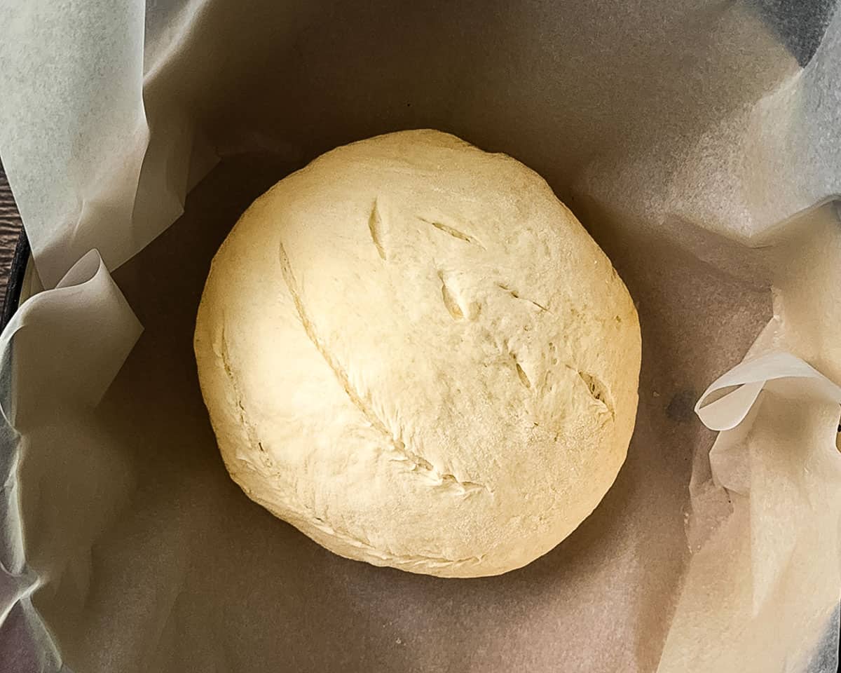 Sourdough discard bread dough in a parchment-lined Dutch oven after shaping and scoring.
