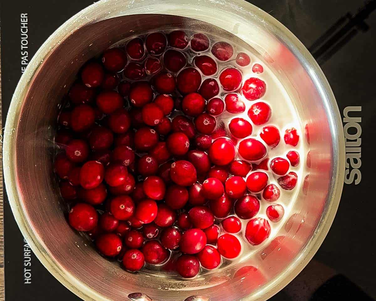 Fresh cranberries added to a saucepan of sugar water, ready to cook into cranberry sauce.