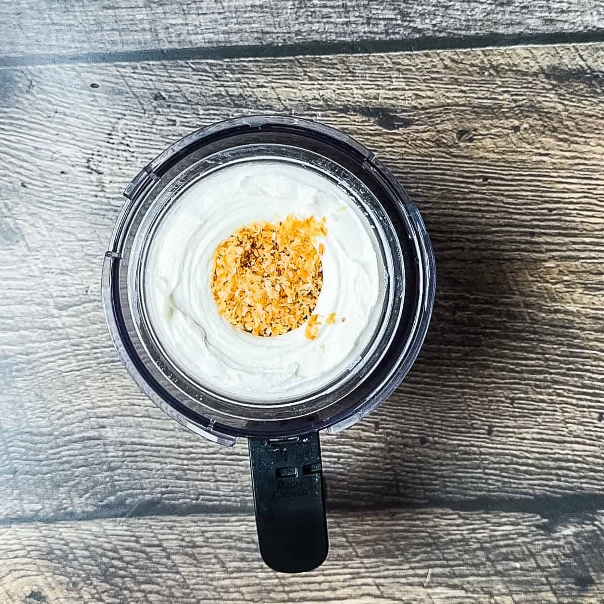 The toasted coconut added to the center of the ice cream base.