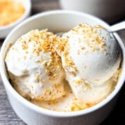 Two scoops of creamy Ninja Creami coconut ice cream in a white bowl, topped with toasted coconut flakes.