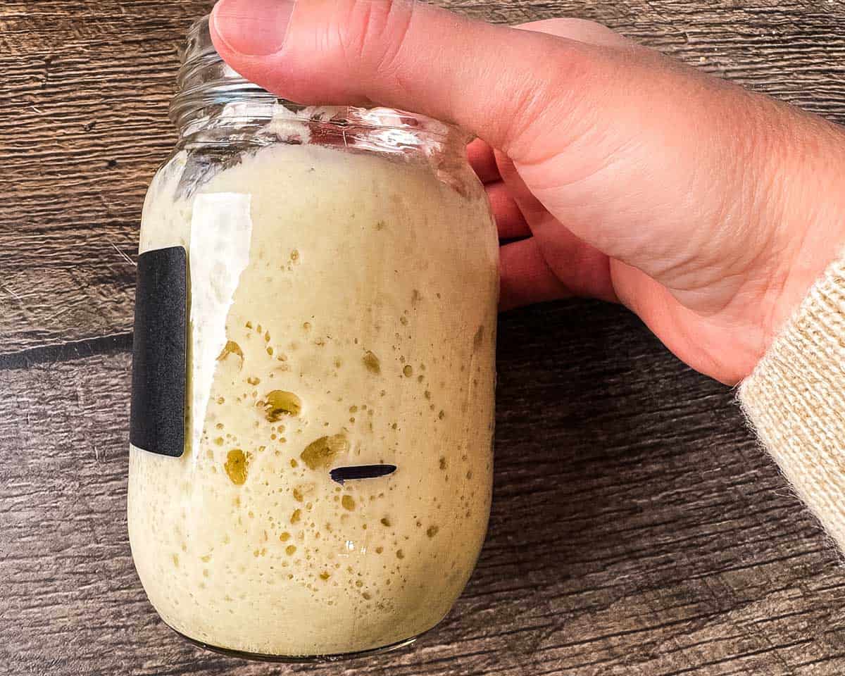 A mason jar filled with active sourdough starter full of bubbles, showing it has more than doubled past the black line.