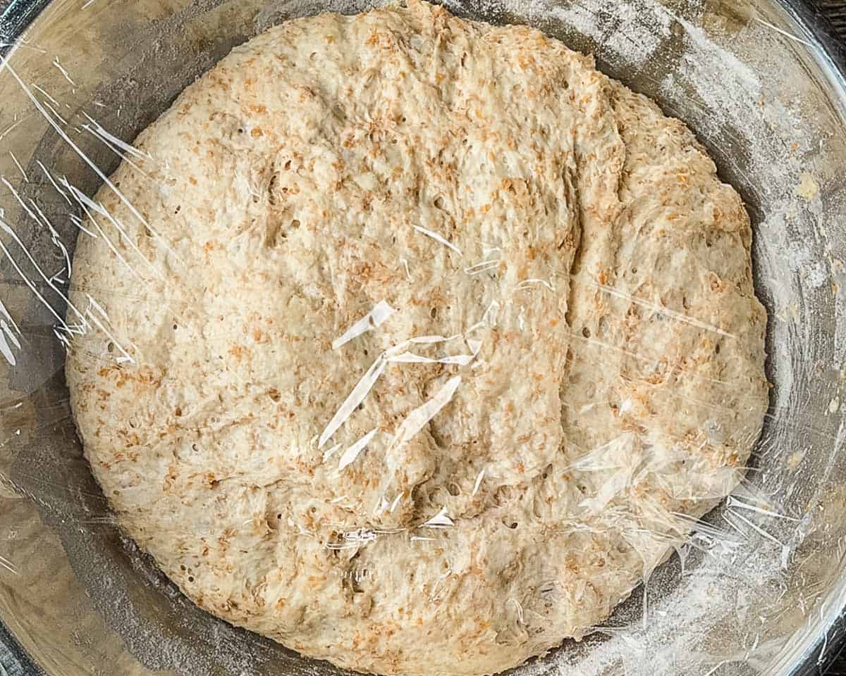 The dough after the first rise in a large bowl covered with plastic wrap.