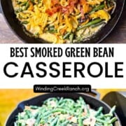 Cast iron skillet filled with smoked green bean casserole topped with crispy onions and bacon.