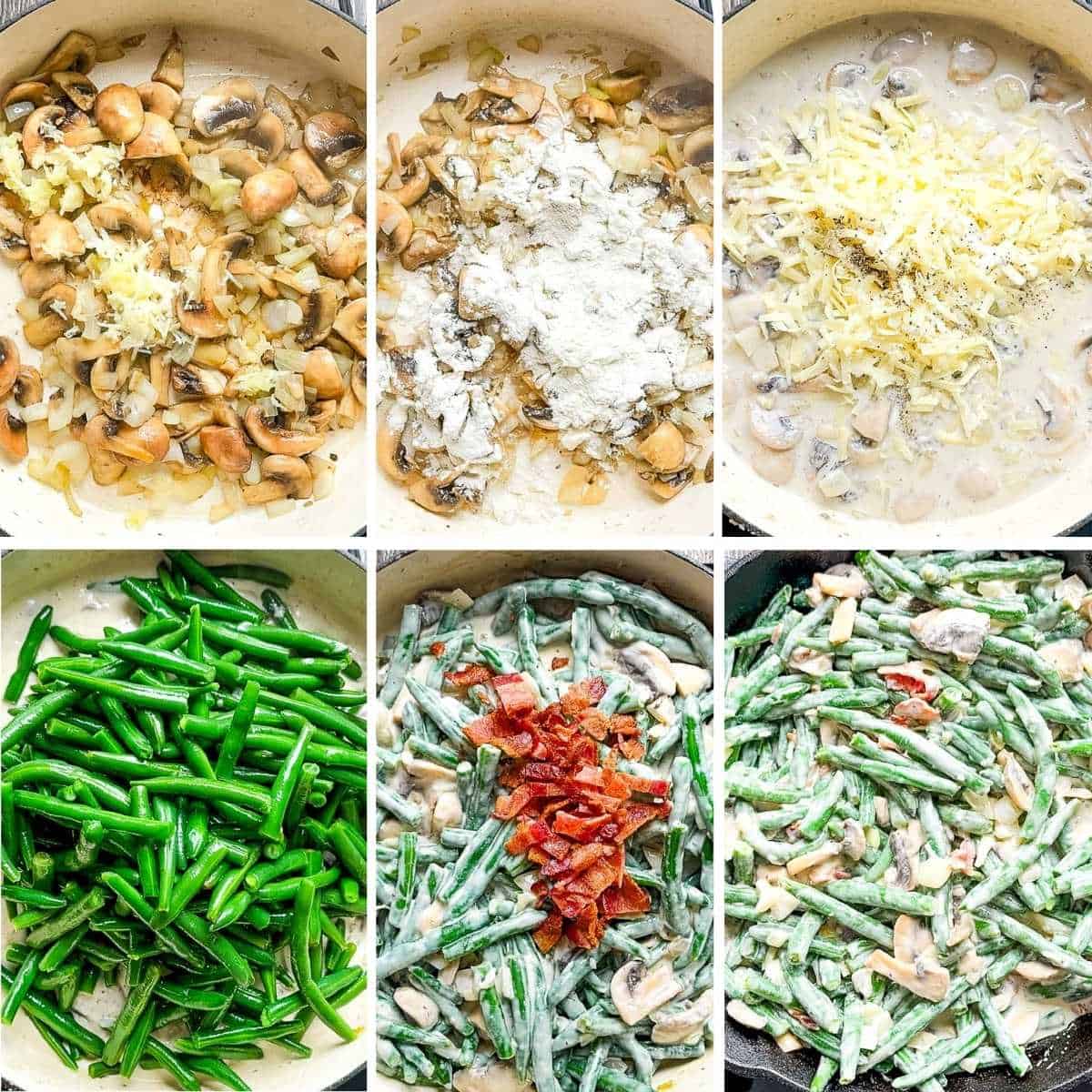 Step-by-step process showing how to make smoked green bean casserole: sautéing onions and mushrooms, adding flour, cream, cheese, green beans, and bacon before mixing together.