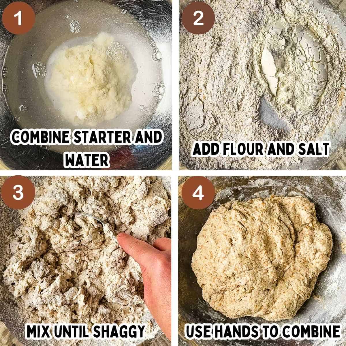A collage of numbered process photos with text overlay showing the steps to made the whole wheat sourdough bread recipe.