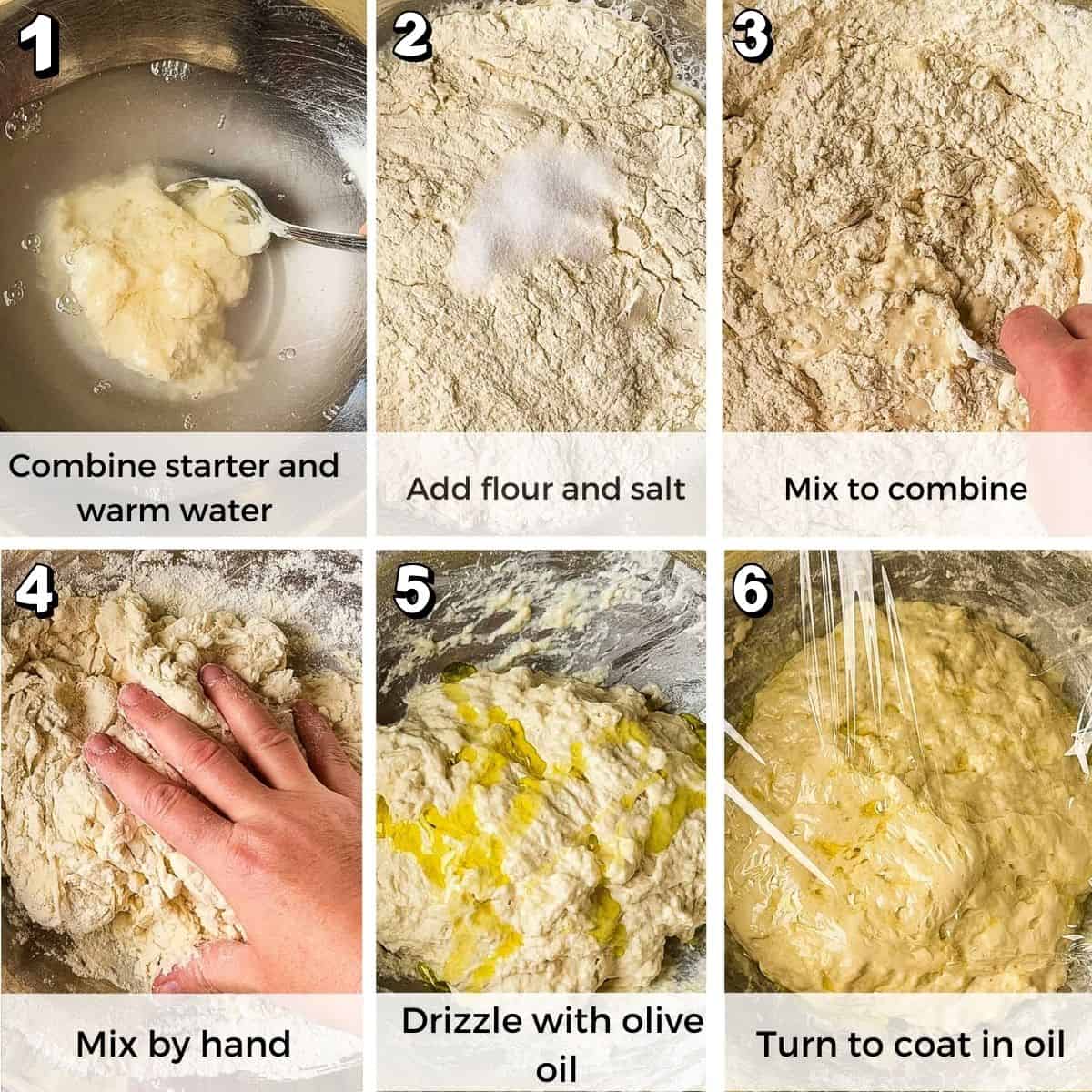 Step-by-step photos showing how to mix sourdough focaccia dough: combining starter and warm water, adding flour and salt, mixing the dough, kneading by hand, drizzling with olive oil, and coating the dough before rising.