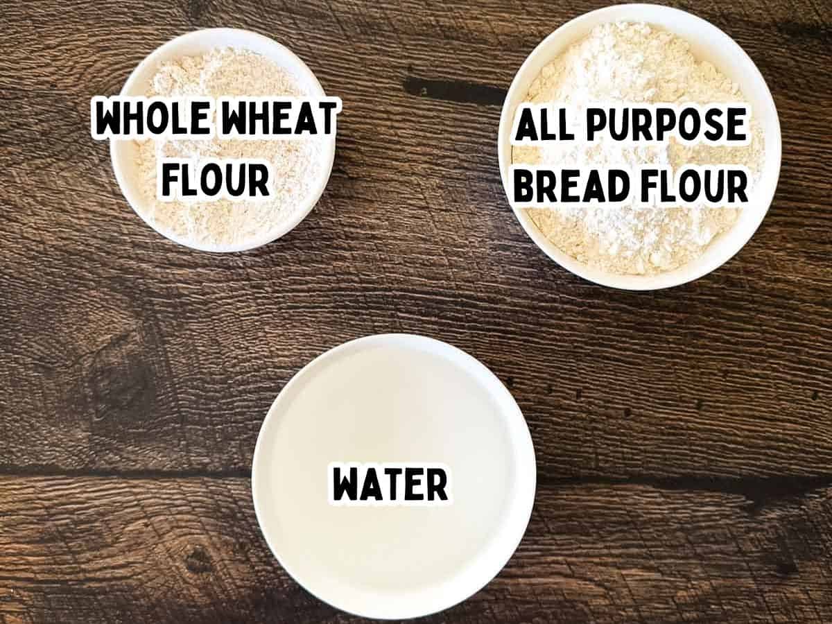 Ingredients for making a sourdough starter, including whole wheat flour, bread flour, and water.