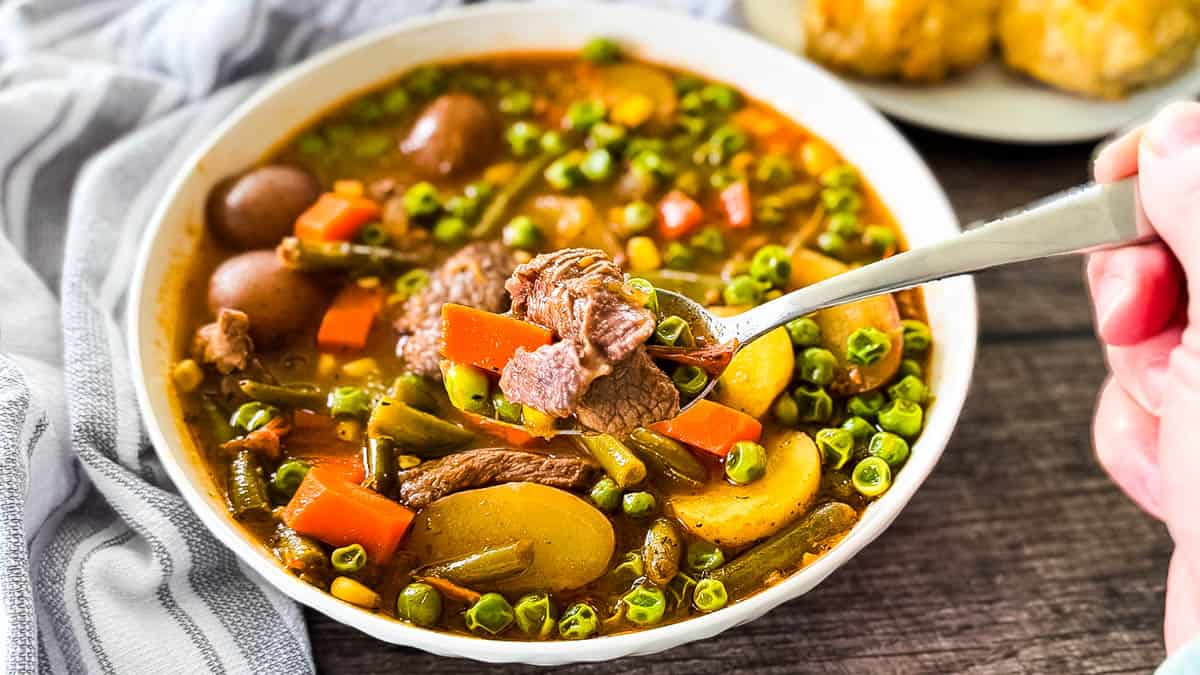 Close-up of hearty beef vegetable soup served hot with rich broth and vegetables.