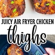 Juicy air fryer chicken thighs on a white plate, showing the crispy exterior.