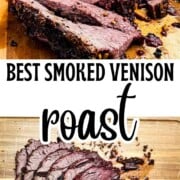 Slicing a perfectly cooked medium-rare smoked venison roast on a wooden cutting board, showing the juicy pink center and a dark, flavorful dry rub crust.