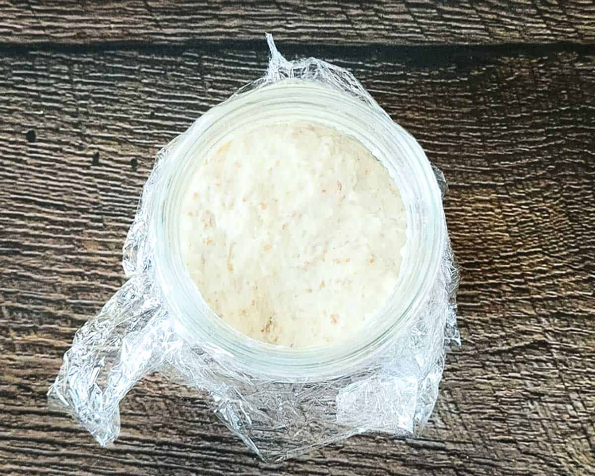 Developing sourdough starter on day 3 before feeding with small bubbles on the surface.