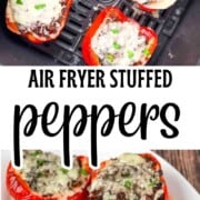 Air fryer stuffed peppers filled with seasoned ground beef and melted cheese, made without rice.