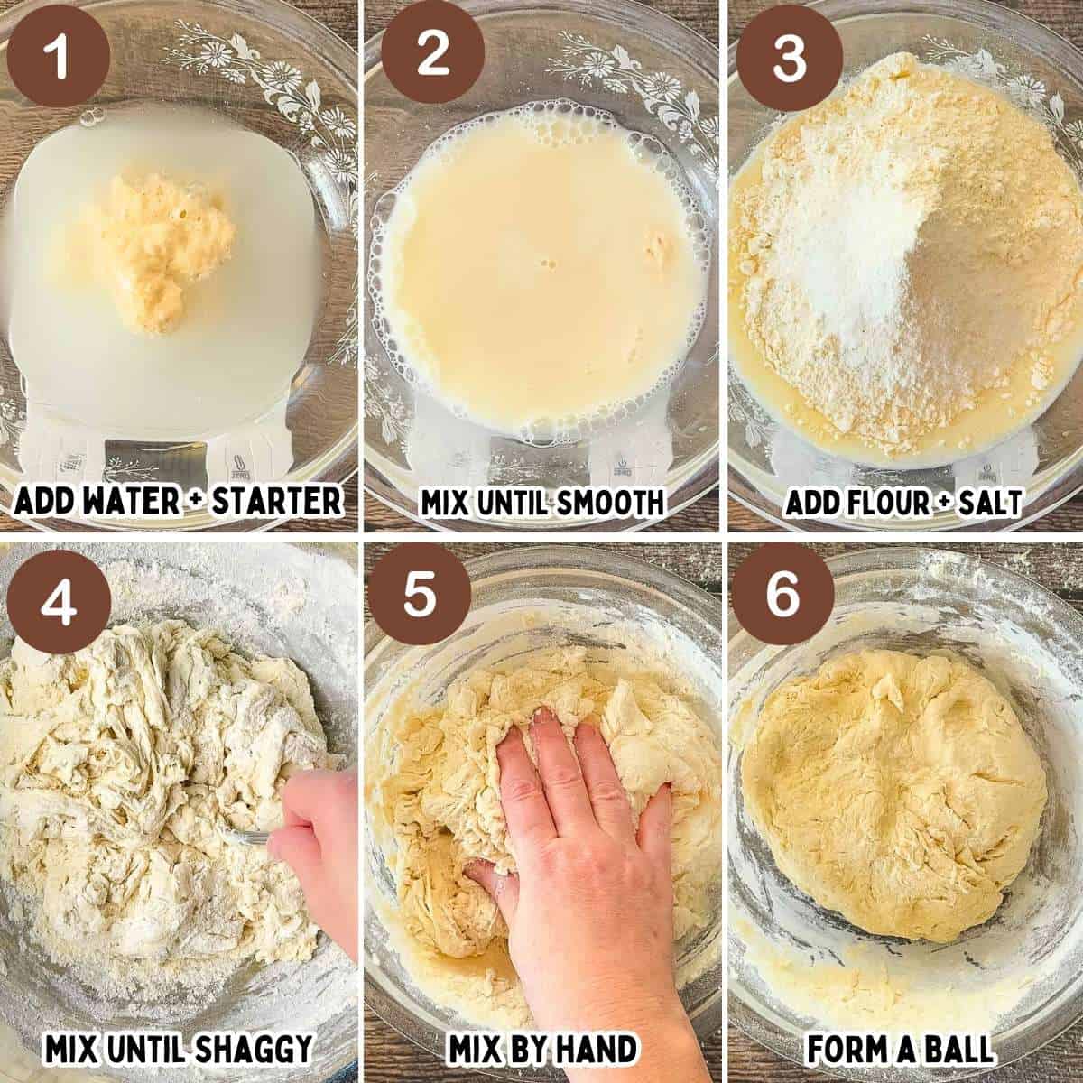 Step-by-step process showing how to make no-knead jalapeño cheddar sourdough bread, from mixing starter and water to forming a shaggy dough and forming a ball.