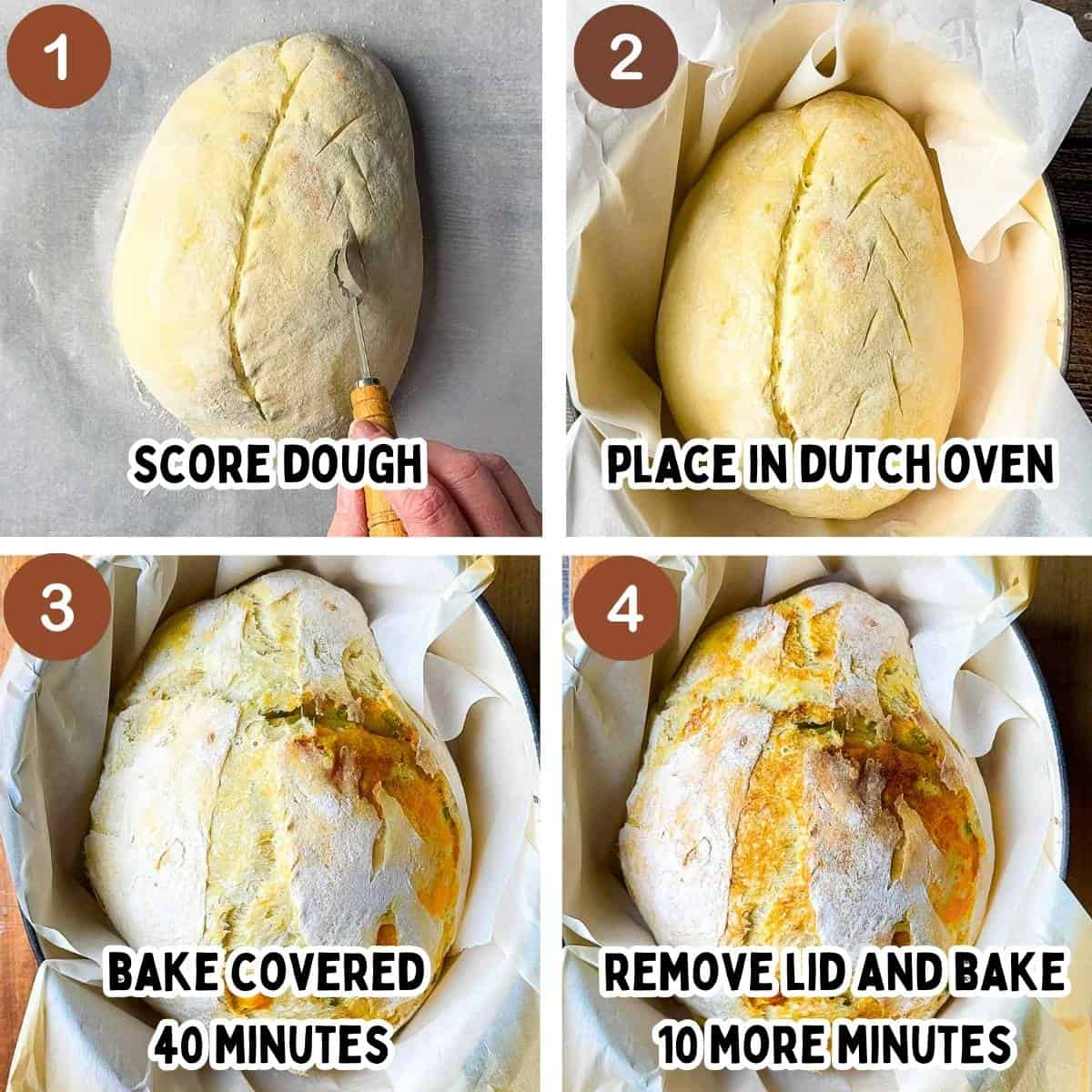 Step-by-step photos showing how to score and bake the cheddar jalapeno sourdough bread.