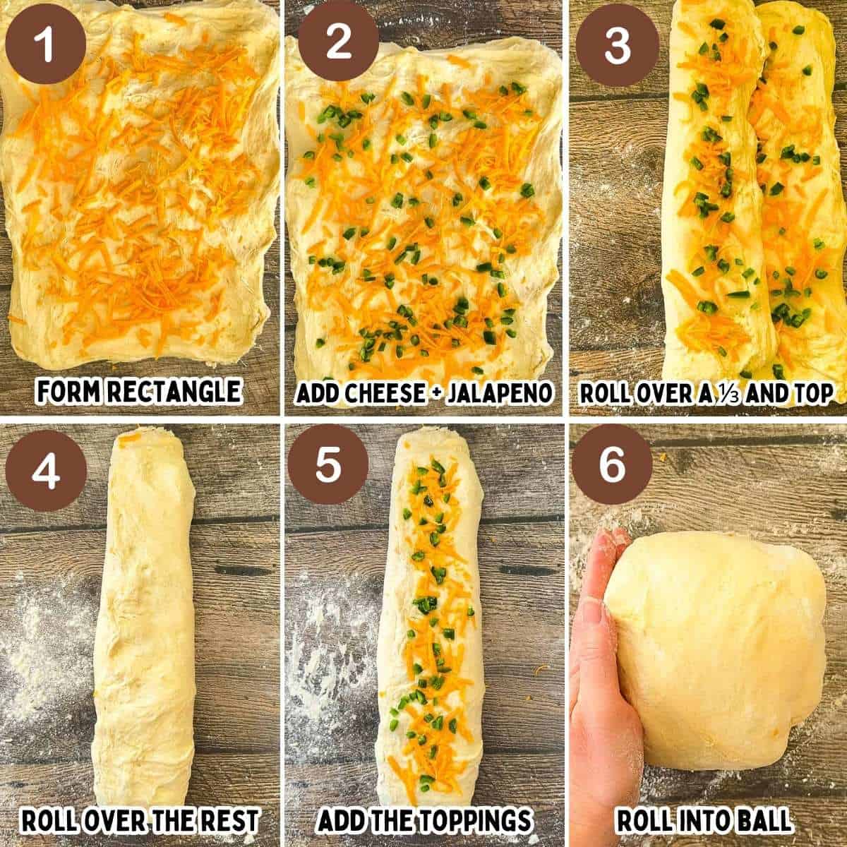 Step-by-step photos showing how to shape jalapeño cheddar sourdough: stretch dough into a rectangle, add cheddar and diced jalapeños, fold in thirds with more filling, then roll into a tight ball.
