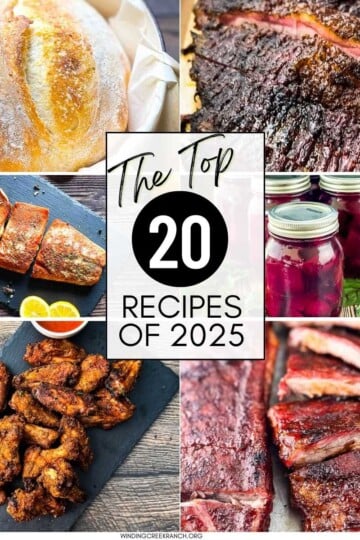 Collage showing the top 20 recipes of 2025 from Winding Creek Ranch, including rustic sourdough bread, smoked brisket, smoked salmon, canned pickled beets, crispy smoked chicken wings, and smoked ribs arranged around a central title graphic.