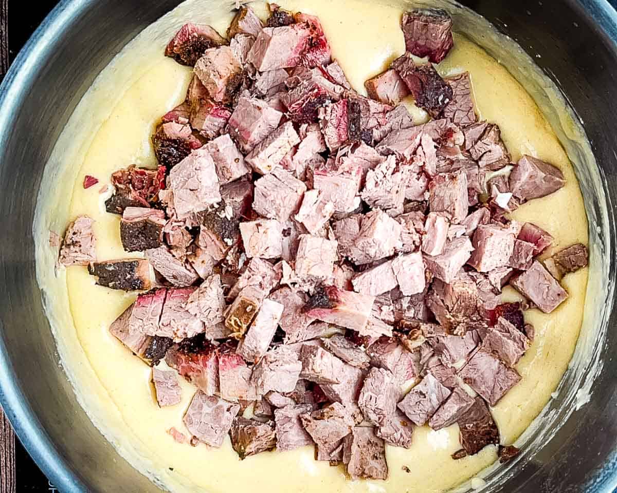 Chopped smoked brisket added to the cheese sauce.
