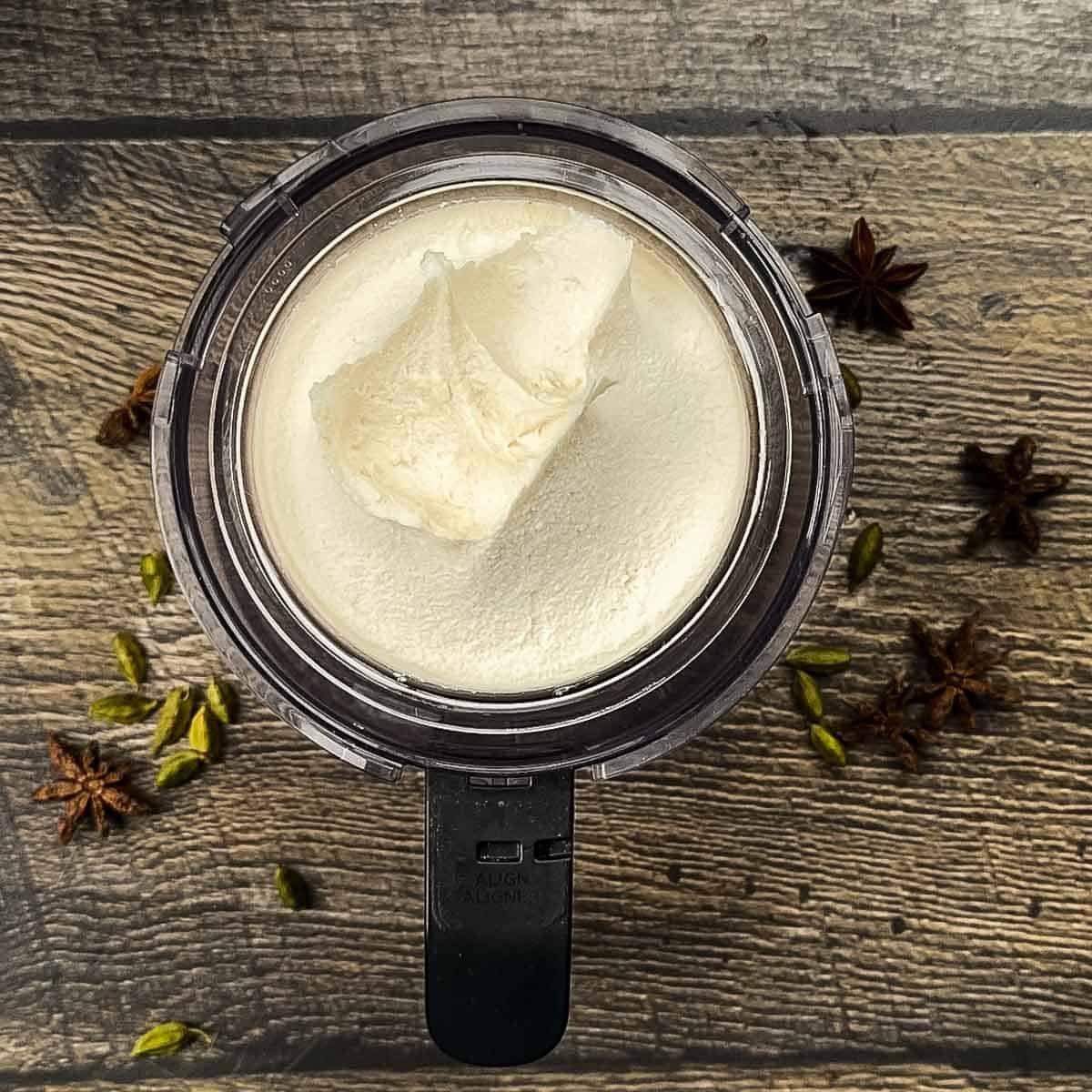 Smooth and creamy Ninja Creami chai ice cream after using the RE-SPIN function.