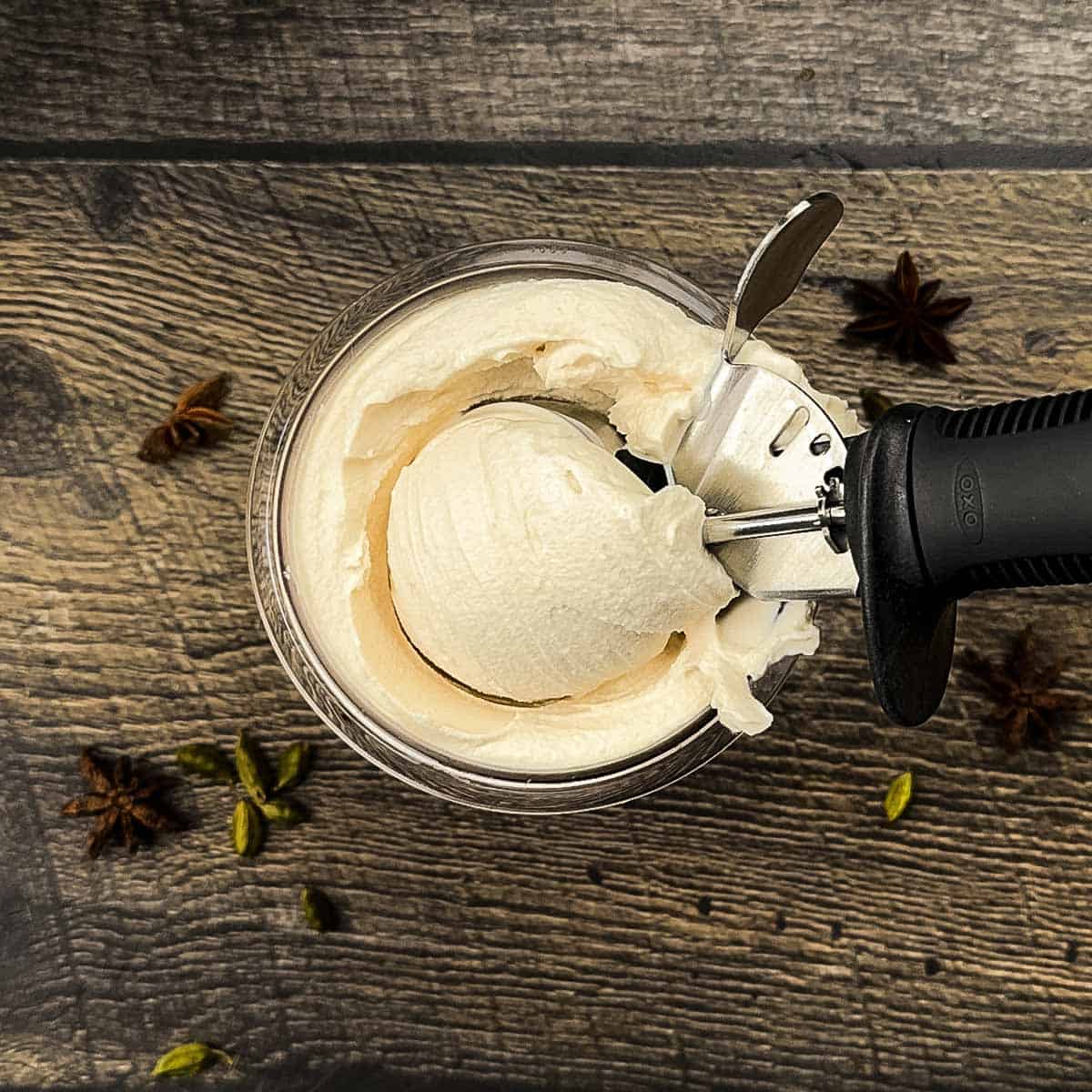 Smooth and creamy Ninja Creami chai ice cream after using the RE-SPIN function.