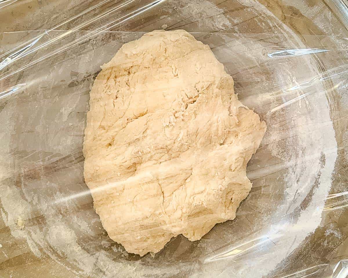 Dough in a large bowl, covered with plastic, before the first rise.