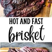 Hot and fast smoked brisket sliced on a wooden cutting board, showing a dark bark and pink smoke ring.