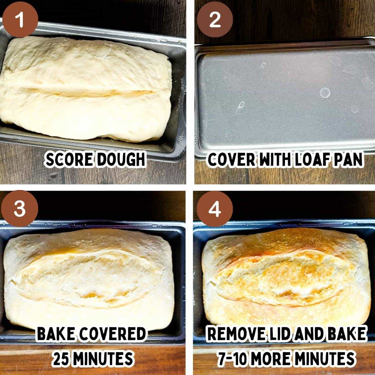 Step-by-step photos showing scoring sourdough dough in a loaf pan, covering it with a second pan, baking covered, then uncovering to finish baking until golden.