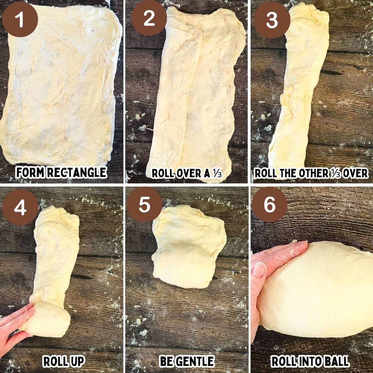 Step-by-step photos showing how to shape soft sourdough dough into a rectangle, fold it, roll it into a log, and gently form it into a smooth loaf.