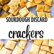 Crispy sourdough discard crackers baked until golden brown on a parchment-lined baking sheet, easy homemade snack for dipping.