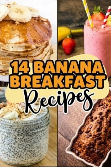 Collage of banana breakfast recipes including banana muffins, fluffy banana pancakes, smoothie bowls, banana bread, smoothies, and chia pudding.