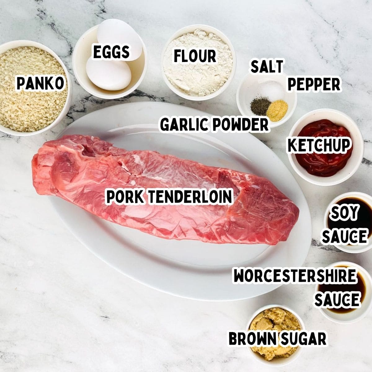 Labeled ingredients for air fryer pork tonkatsu in white bowls.