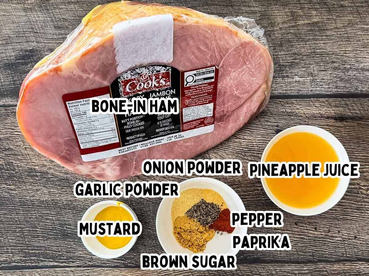 Labeled ingredients for smoked pulled ham, including ham, mustard, spices, and pineapple juice.
