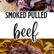 Smoked pulled beef shredded on a wooden cutting board, showing the smoke ring and crispy bark.