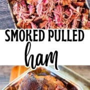 Smoked pulled ham shredded with crispy edges after smoking on a pellet grill.