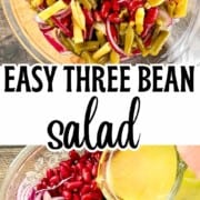 Easy three bean salad with kidney beans, green beans, wax beans, and red onion in a glass bowl with dressing being poured over.