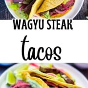 Tortilla shells filled with seared Wagyu steak, avocado lime crema, and pickled red onions.