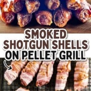 Collage showing smoked shotgun shells on a pellet grill — bacon-wrapped manicotti stuffed with ground beef and cheese, golden and caramelized.