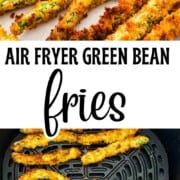 Crispy air fryer green bean fries coated in Parmesan panko breadcrumbs and served with a creamy dipping sauce on a white plate.
