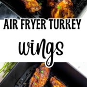 Crispy air fryer turkey wings in the air fryer basket, seasoned with dry rub.