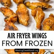 Crispy air fryer chicken wings cooked from frozen and served on a plate with dipping sauce.