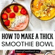 Three thick smoothie bowls topped with strawberries, bananas, blueberries, peaches, coconut, chia seeds, hemp hearts, and almonds.